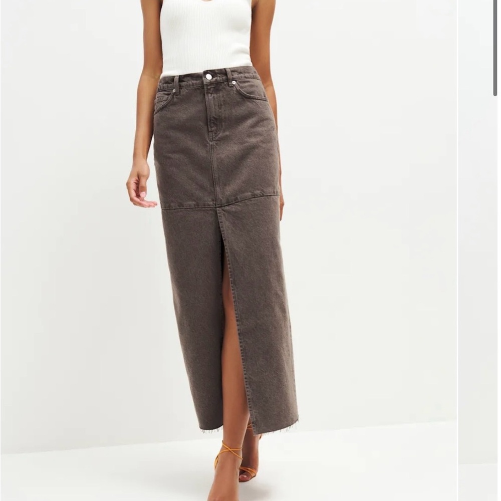 Reformation Brown High-Rise Maxi Denim Skirt with Center Front Slit